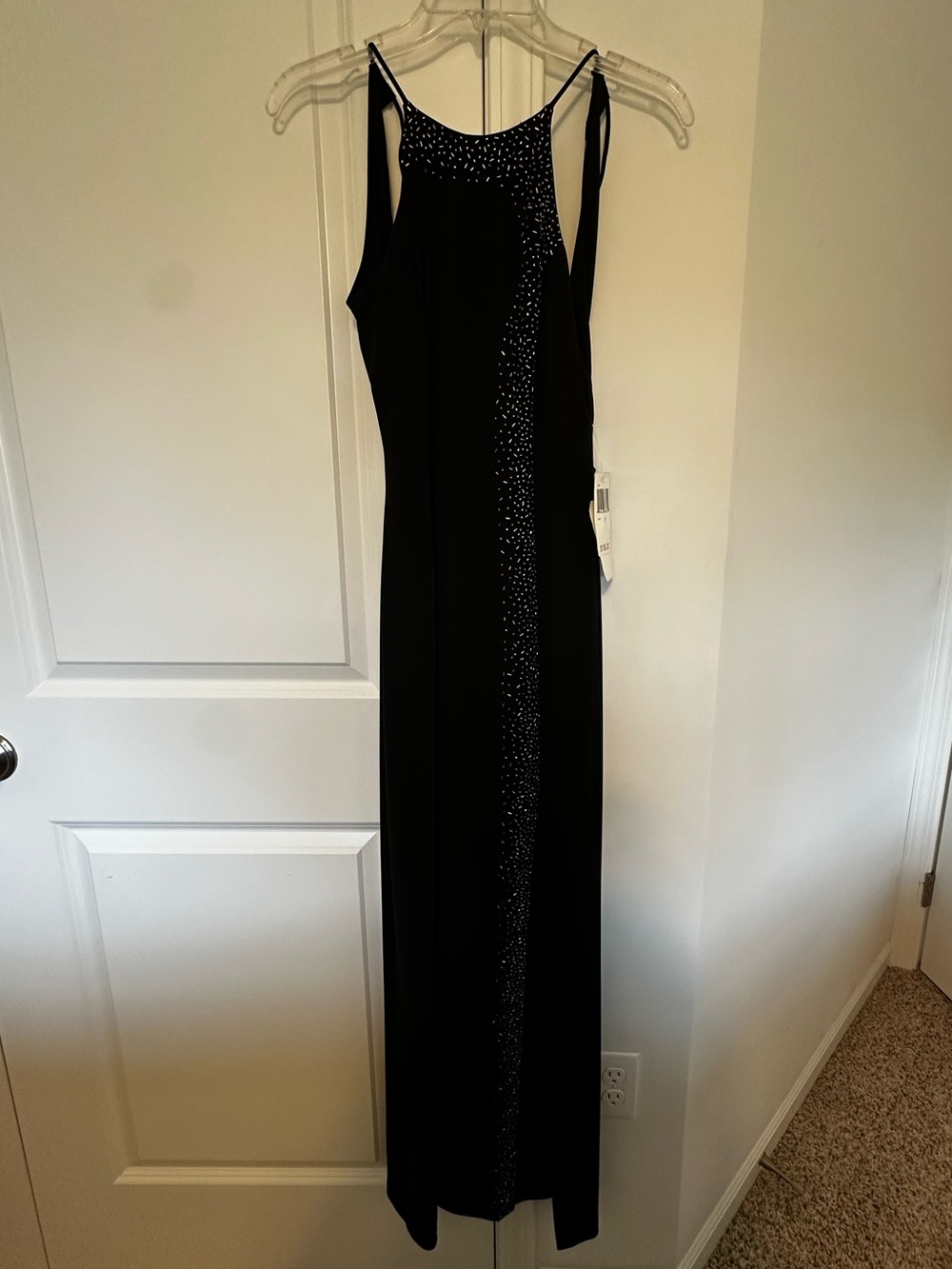 Vintage Y2K Black High Neck Halter Maxi Dress with Sparkle Trim and Open Back